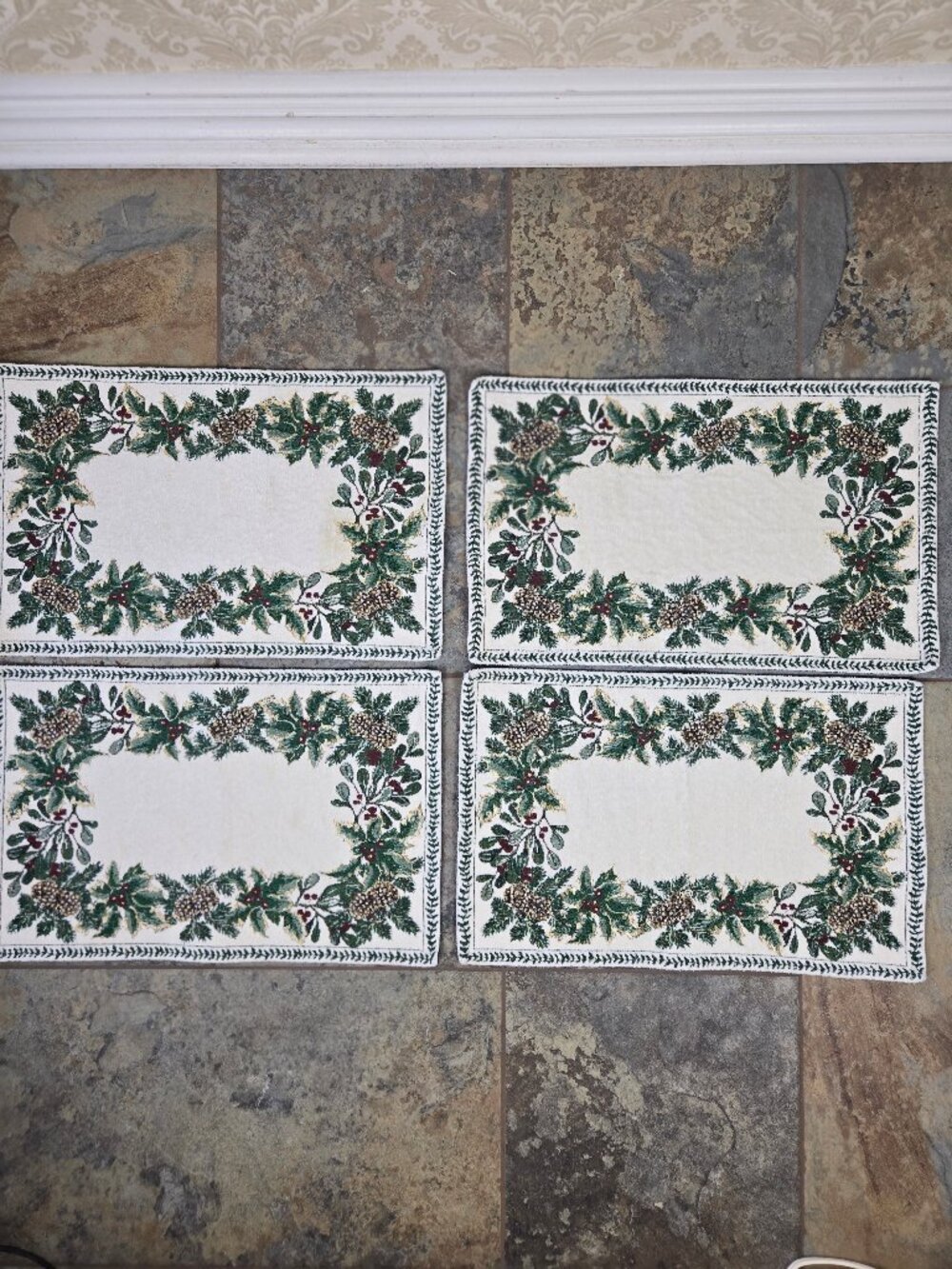 Winter Themed Placemats (4) Holly Pinecones Greenery White Background Metallic